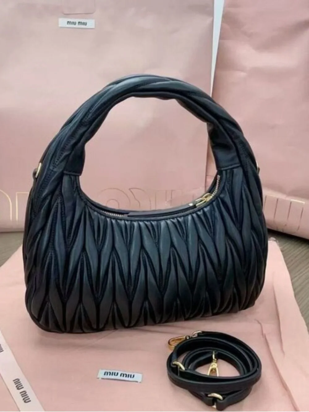 Miu Miu Black Quilted Leather Hobo with Gold Logo Hardware